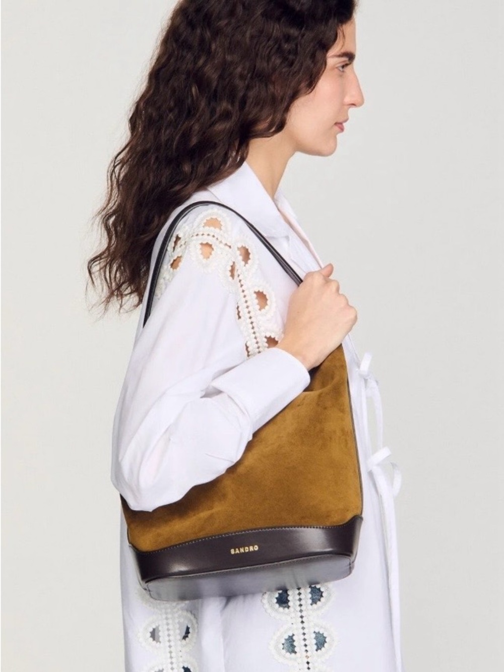 Sandro Brown Suede and Black Leather Shoulder Hobo Bag